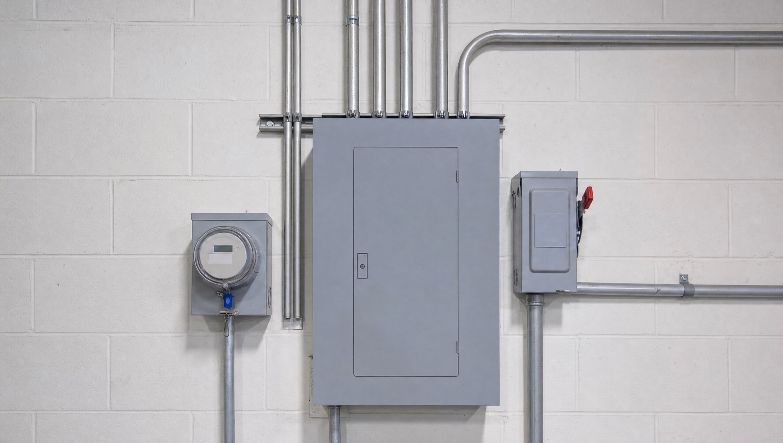 Existing service equipment, back-of-house north wall. Panel schedule and meter documented at the site visit.